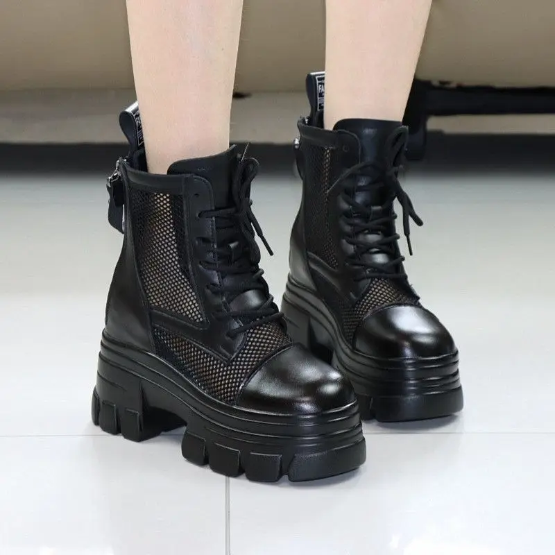 

New 10CM Ankle Boots Microfiber Leather Ethnic Summer Fashion Ladies Platform Wedge Flats Sandals Hollow Women Air Mesh Shoes