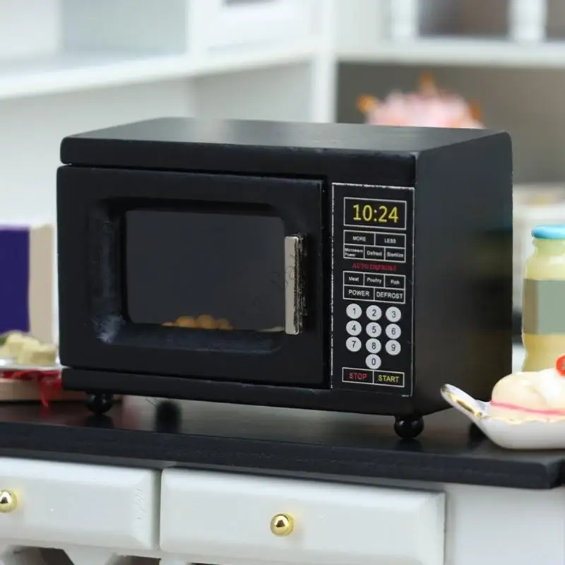 

1:12 Scale Dollhouse Kitchen Mini Microwave Model Wooden Miniature Black Microwave Toy For Dollhouse Dining Room Furniture