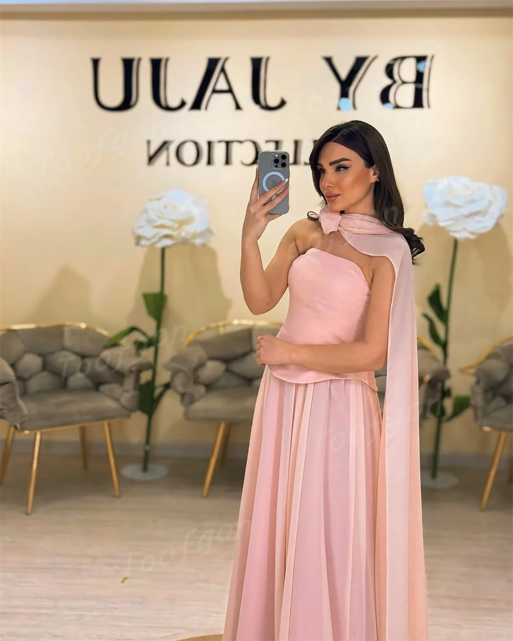 Toofgon Baby Pink Satin Chiffon Evening Dresses Customized Cape Tank A Line  Birthday Prom Dress Women Long Formal Party Gown