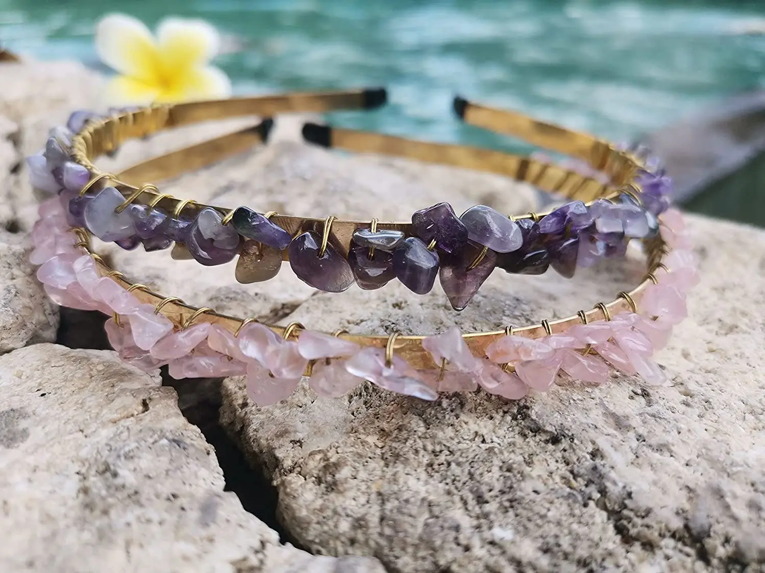Rose Quartz Headband Amethyst Hair Accessories Raw Crystal Quartz Hair Tiara Colorful Spiritual Crystal Beads Headband for Girls