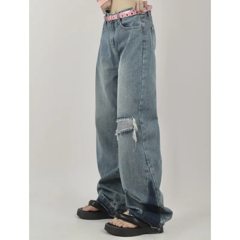 Calça jeans azul emendada de cintura alta feminina, calça reta feminina, calças largas de rua americana, moda vintage, verão, nova, 2023