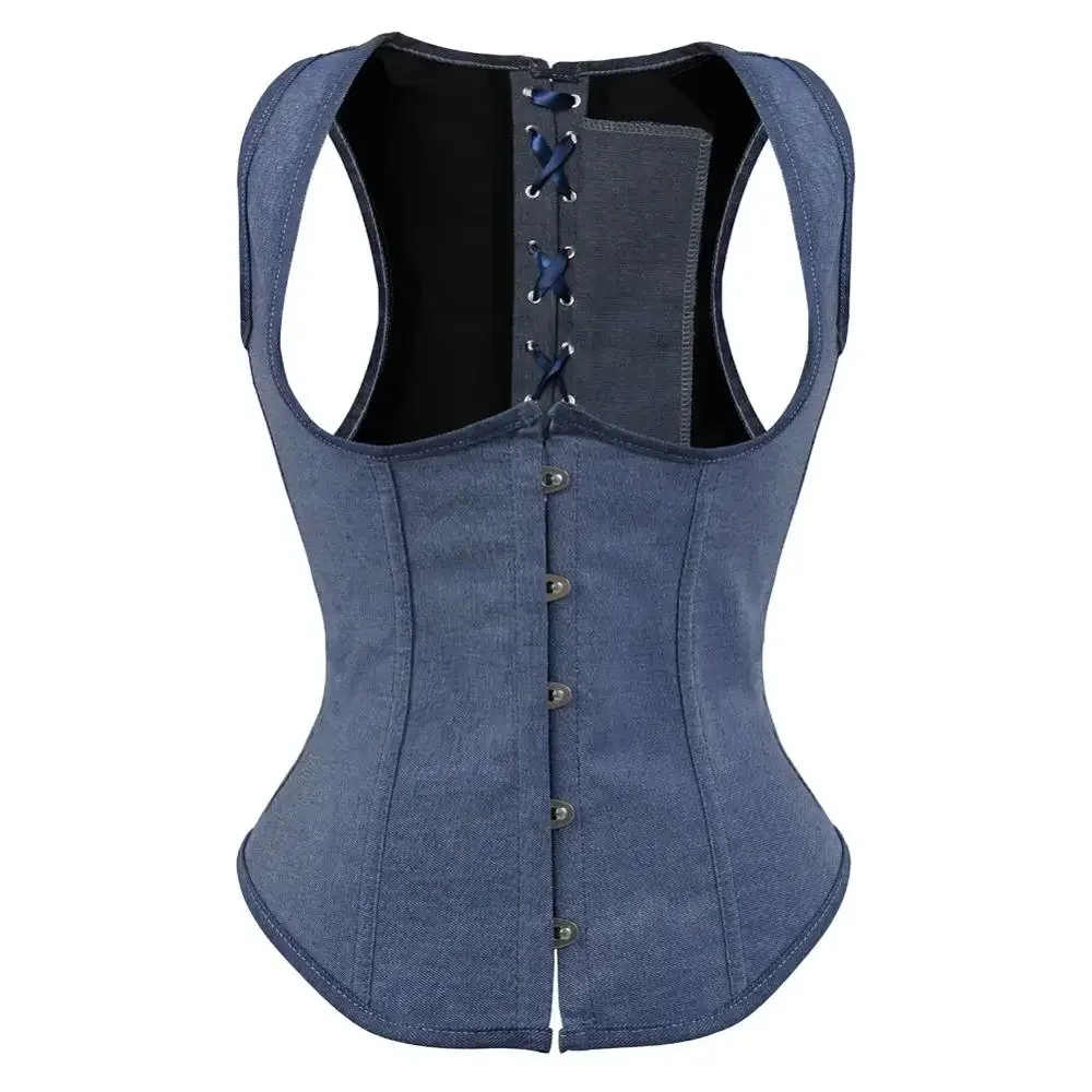 Women Corset Denim Underbust Corsets Sexy Lace Up Boned Corsetto Medieval Cowboy Bustiers Steampunk Vest Party Night Costumes