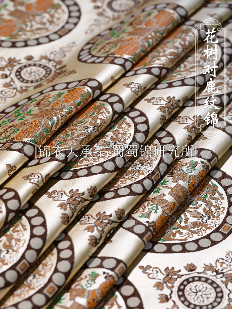 

100%silk Central Asian Silk Road Tang Dynasty Historical Restoration of Silk Brocade Jacquard Fabric to Deer Pattern Brocade