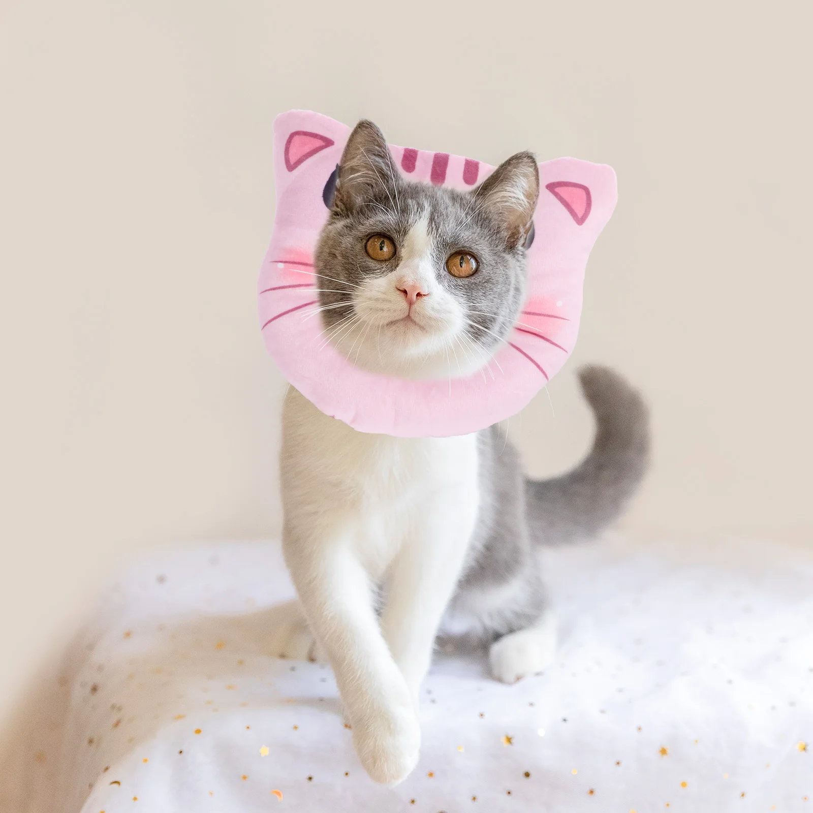 

Soft Pet Collar Cat Recovery Cone Kitten Neck Brace Adjustable For Surgery Wound Healing Pink Cartoon Design Cotton Dog