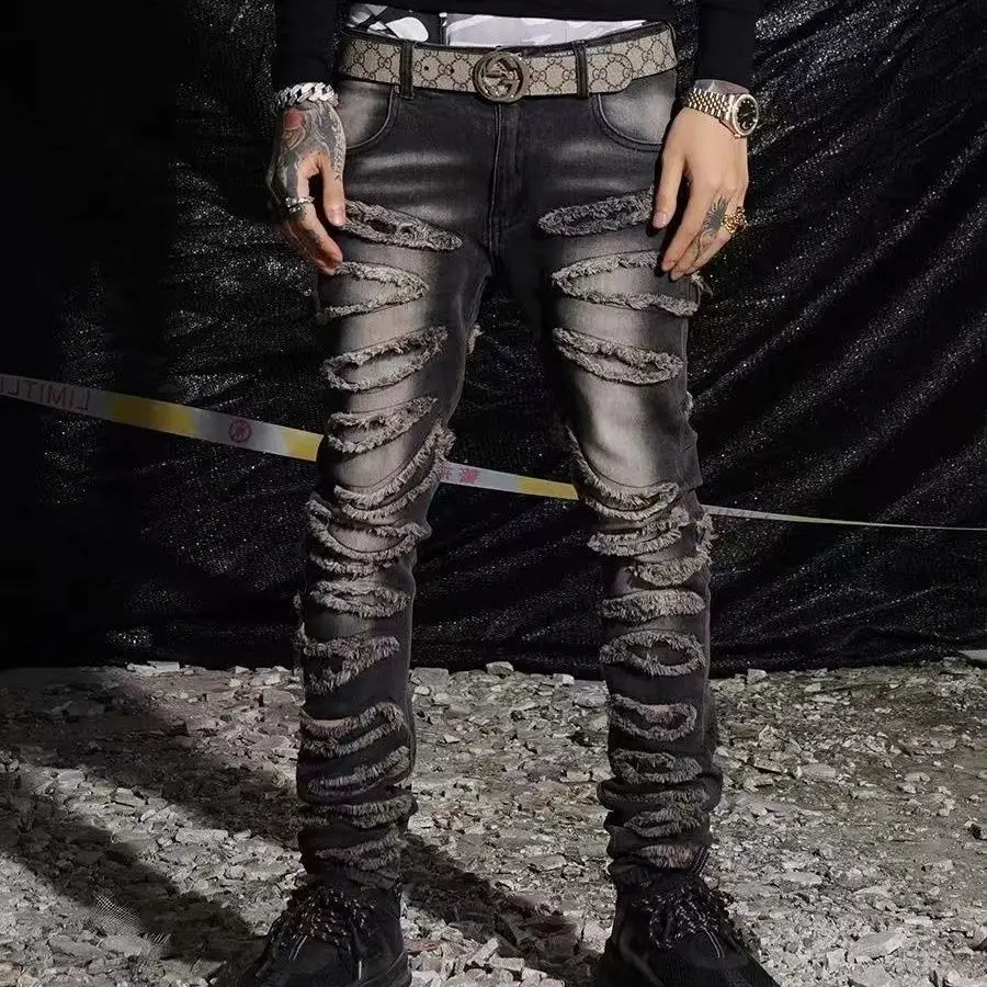 

New Men's Clothing Denim American Street Hip Hop Basic Patch Frayed Hem Fit Feet Washed Jeans