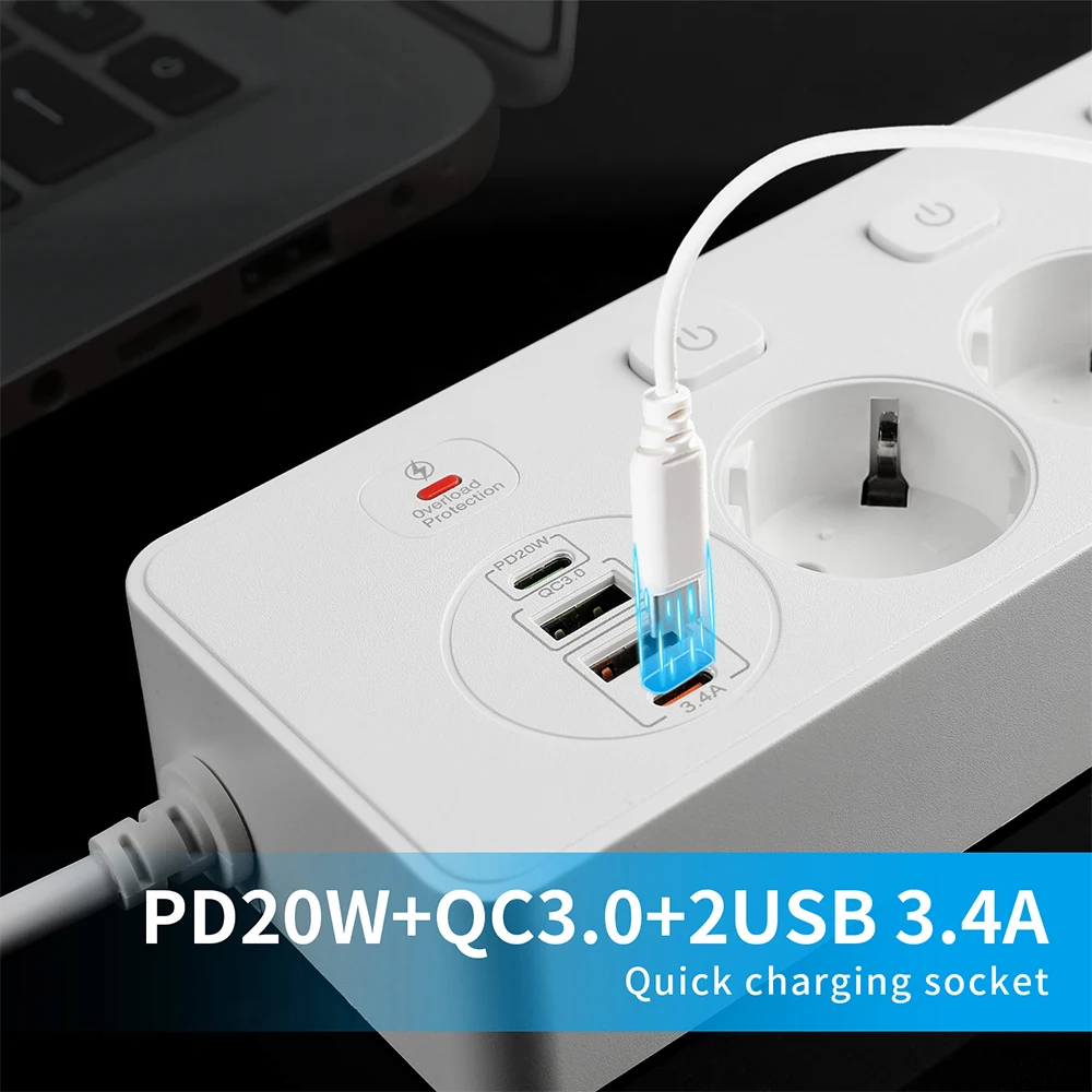 EU Plug AC Outlet Power Strip Multi Outlet 2M Extension Cord Network Filter With 4USB PD 20W Fast Charging Surge Protector