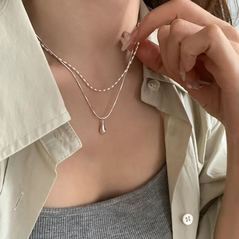 Double Layer Waterdrop Necklace Women's Simple Versatile Fashionable Rice Grain Clavicle Chain Creative Unique Necklace