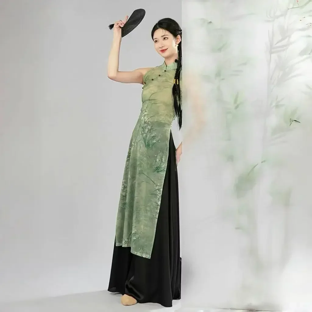 Estilo chinês elástico floral impressão cheongsam trajes de dança clássica chinesa vestido feminino roupas de desempenho tradicional