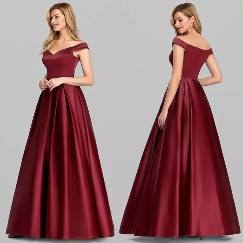 Burgundy Off Shoulder Satin Prom Dresses 2022 Women Navy Blue Evening Party Formal Bridesmaid Wedding Guest Maid of Honor Gowns