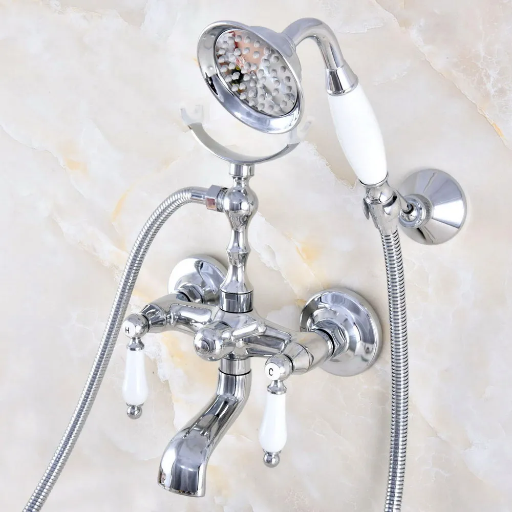 Chrome Brass Double Handle Wall Mounted Bathroom Tub Faucet Set with 150CM Hand Held Shower Spray Mixer Tap 2na711