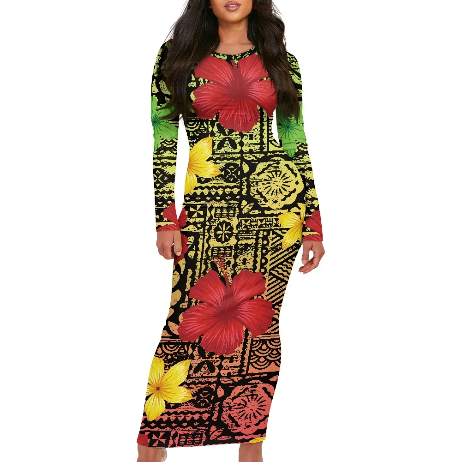 Polynesian Tribal Samoan Totem Tattoo Samoa Prints Elegant Women's Sexy Hibiscus Long-Sleeved Dress Beach Party Slim Long Dress