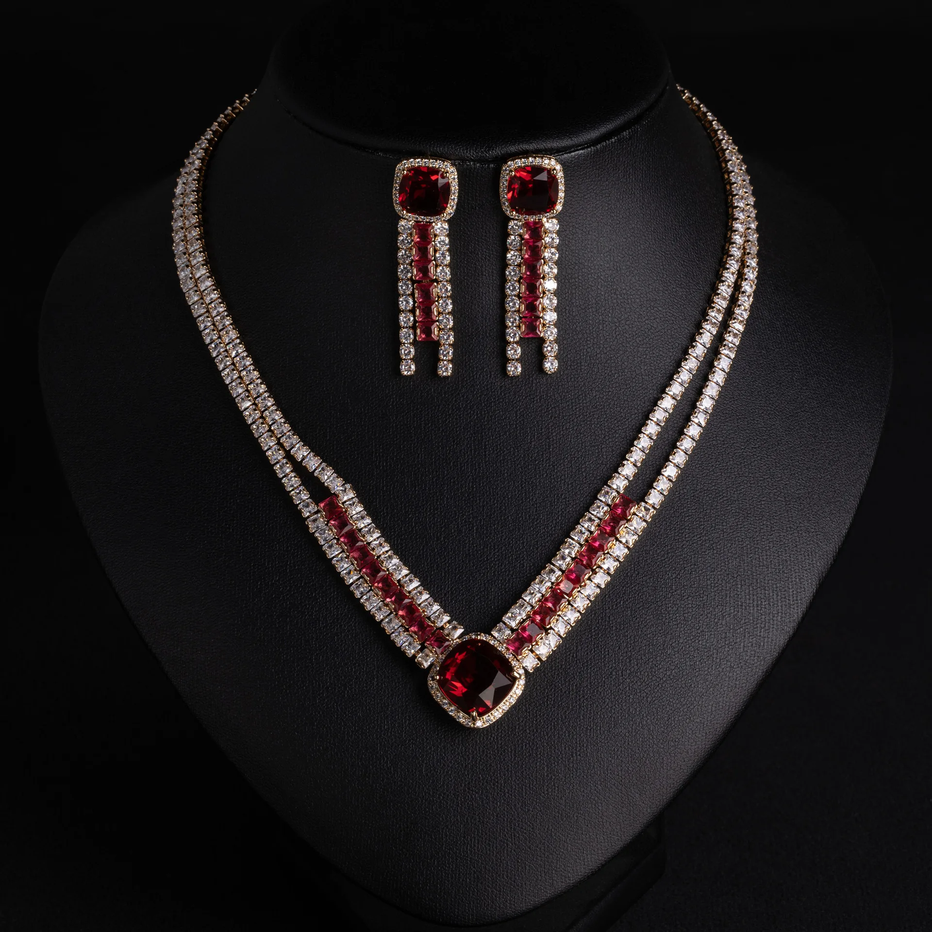 Heavy Intricate Square Gemstone Necklace Set Full Zircon Micro-Pave Light Luxury Banquet Winter Jewelry for Women
