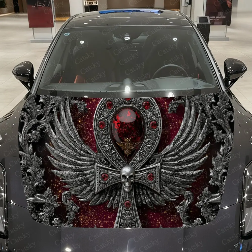 

Виниловая наклейка на автомобиль с рельефным изображением крылатого черепа и креста, водонепроницаемая ПВХ-наклейка на капот автомобиля, самоклеящиеся устойчивые к царапинам наклейки