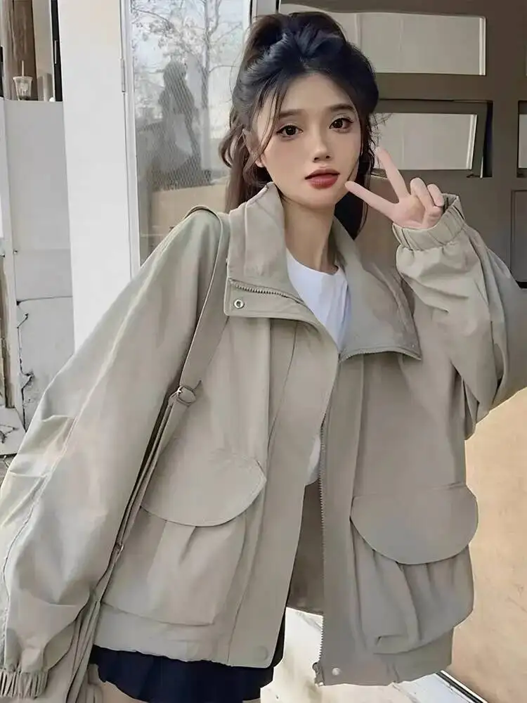 

Women Jacket New Long-sleeved Large Pocket Stand Collar Spring Autumn Short Jacket For Women Versatile Trendy Jacket