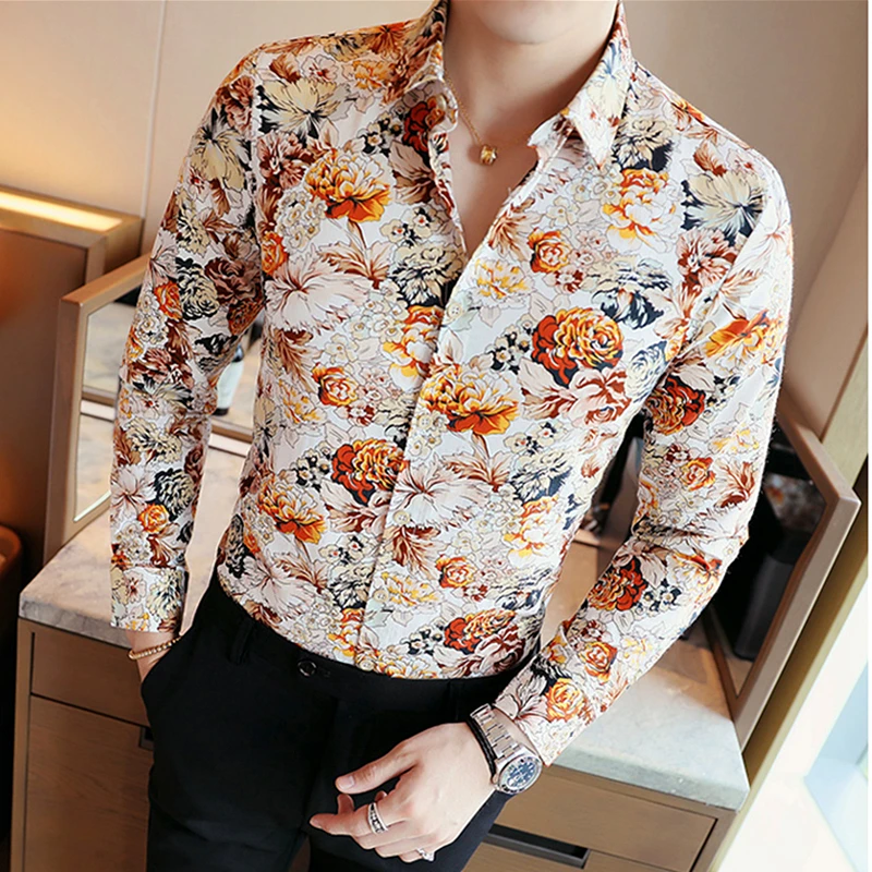 2024 New Men\'s Long-Sleeve Printed Shirts, Single-breasted Lapel Shirt for Men Business Casual Camisa Top