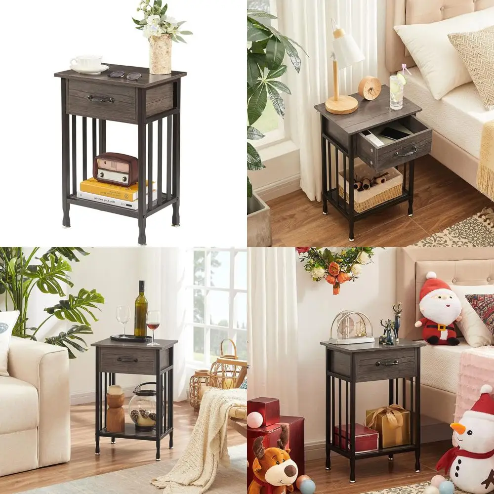 

Серый прикроватный столик в индустриальном стиле с ящиком и полкой для хранения, для спальни или гостиной, из дерева и металла, простая сборка