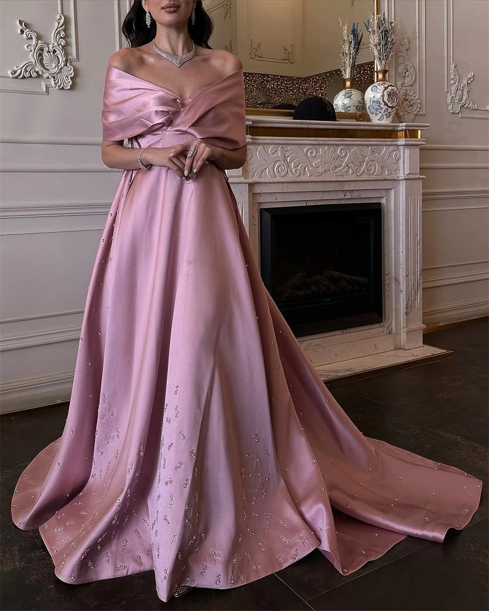 Customized Classic Pink Satin Evening Dress Formal V-Neck Off the Shoulder Party Dress Graceful A-Line Court Train Prom Dresses
