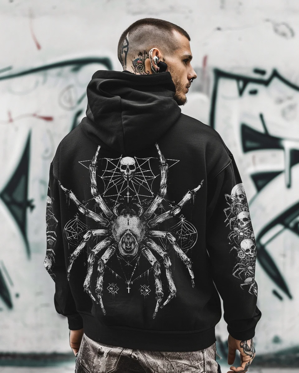 Herren-Kapuzenpullover mit Death-Metal-Spinnenschädel-Print, Mysteriöses Muster, Langarm-Print, Punk-Streetwear, Herren-Oberteil – Detail 3