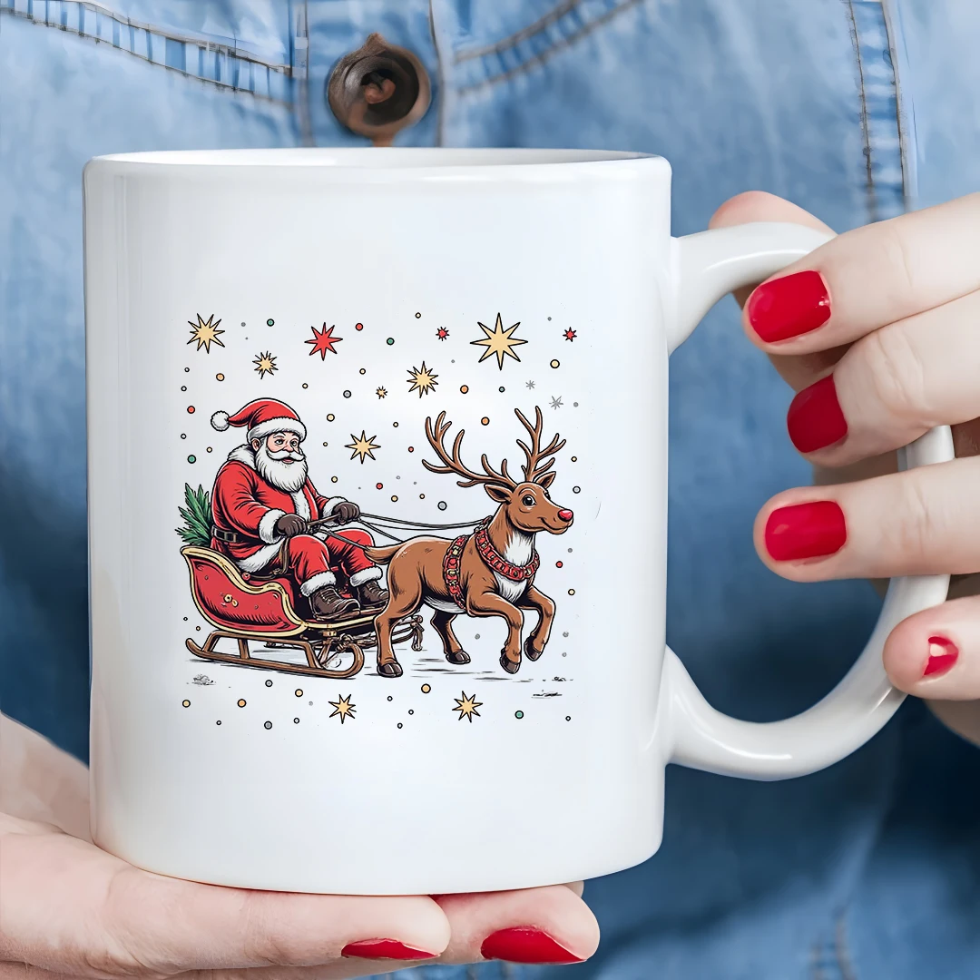 كوب 11 أونصة + رسم توضيحي مزلقة الرنة سانتا كلوز كرتونية + هدية عيد الميلاد للأطفال كوب ماء كوب قهوة للمكتب العائلي