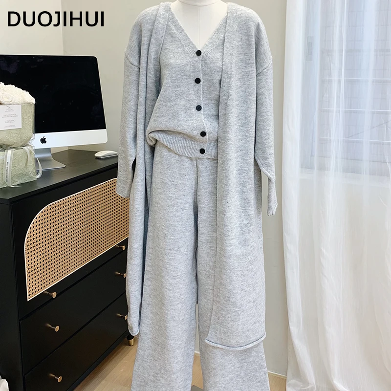 DUOJIHUI Three Piece Autumn Loose Casual Female Cardigan Chic Wool Basic Pant Simple Fashion Single Breasted Women Vest Cardigan