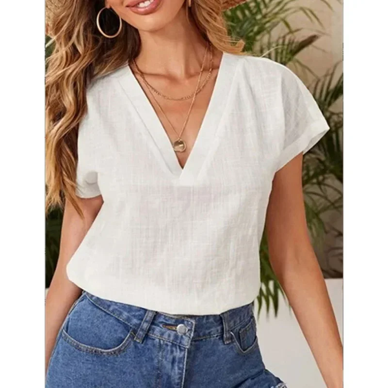 Women\'s Solid Casual Shirts & Blouses for Women 2024 Summer Vintage Fashion Elegant Youth Female Tops Blusas Para Mujer