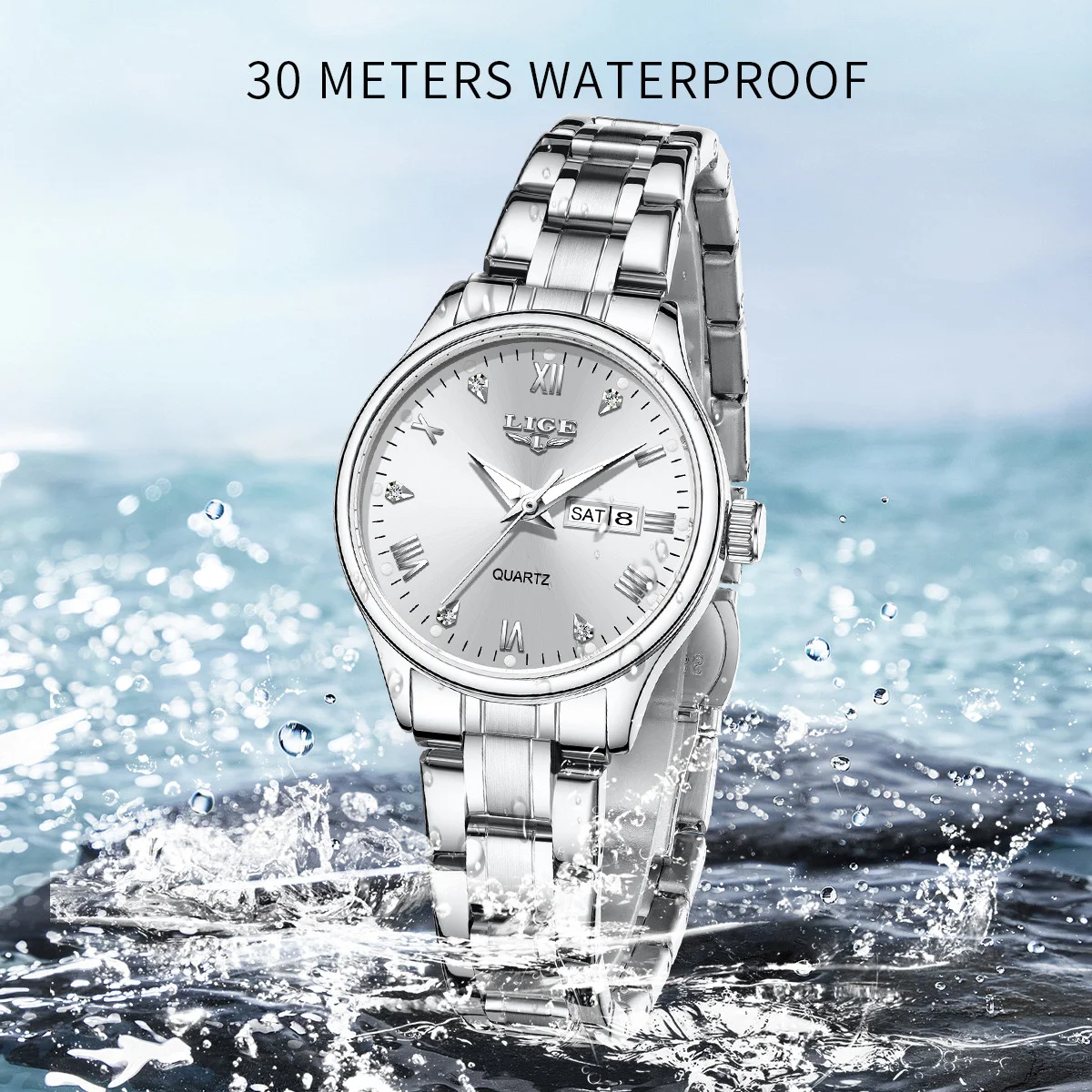LIGE エレガントな女性の腕時計クラシックダイヤモンドダイヤル防水クォーツ時計デュアル日付防水発光ステンレス鋼レディース腕時計