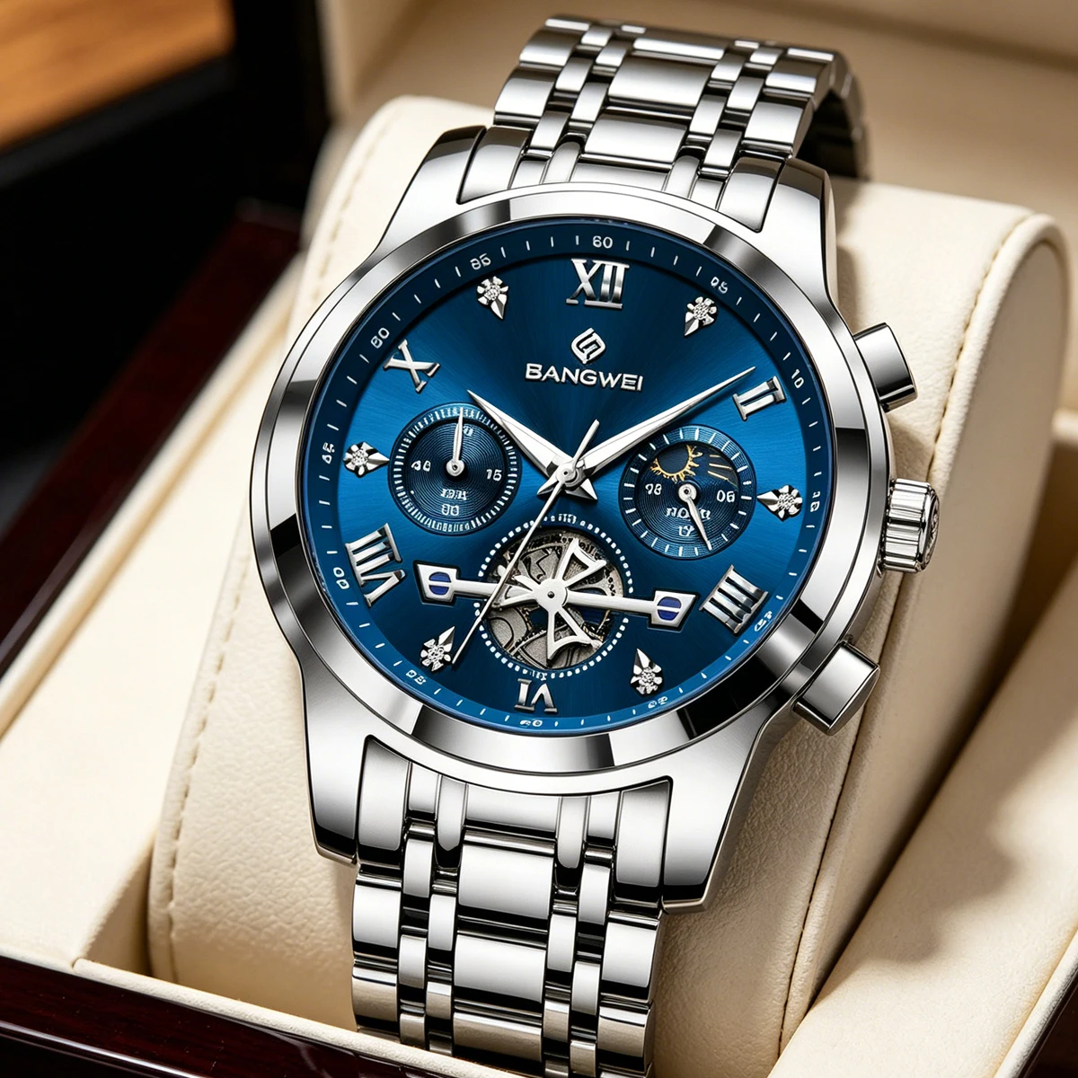 

LIGE Quartz Watch for Men Flywheel Skeleton Chronograph Moon Phase Multifunctional Stainless steel Men's Wristwatches