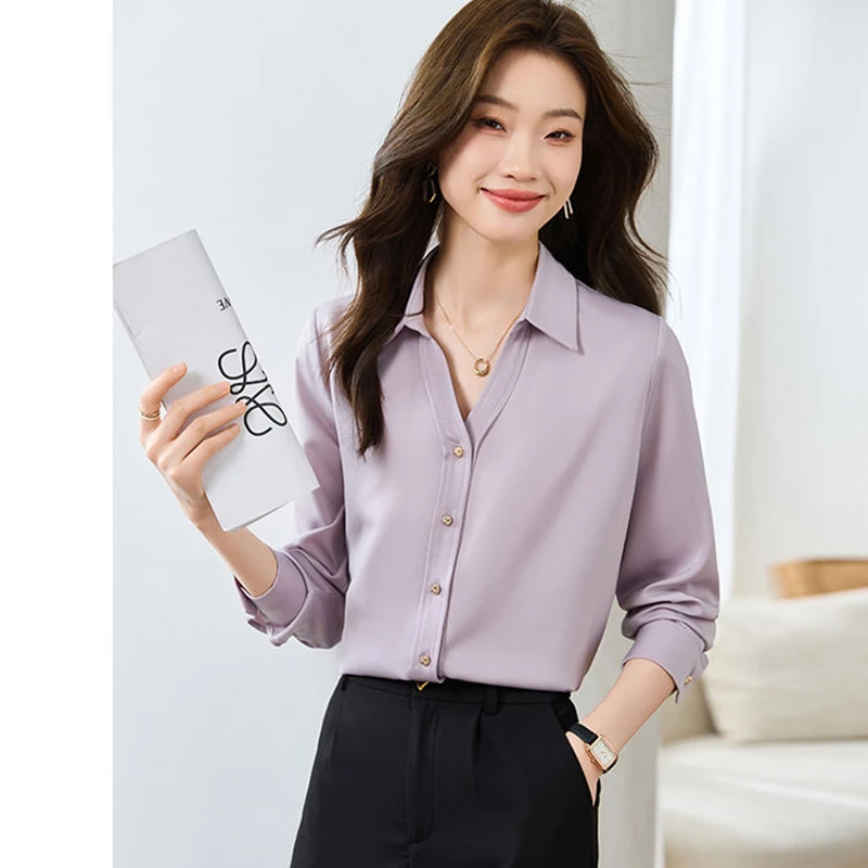Women's Graceful Solid Spring Autumn Satin Shirts Office Lady Fashion Long Sleeve Polo Blouse 2024 Falls New Work Tops Female
