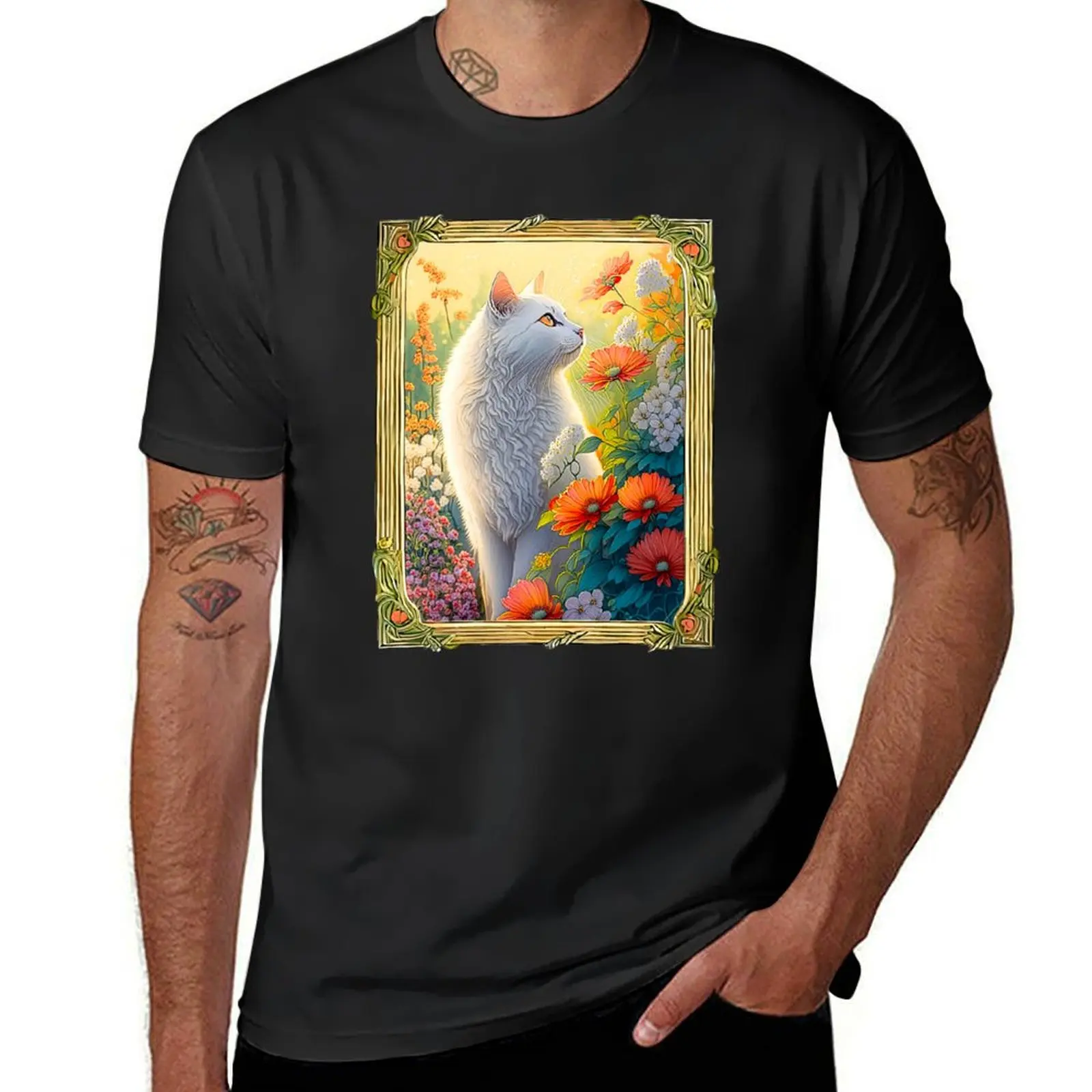 

Framed White Cat in a Flower Garden T-Shirt Blouse plain cute tops men workout shirt