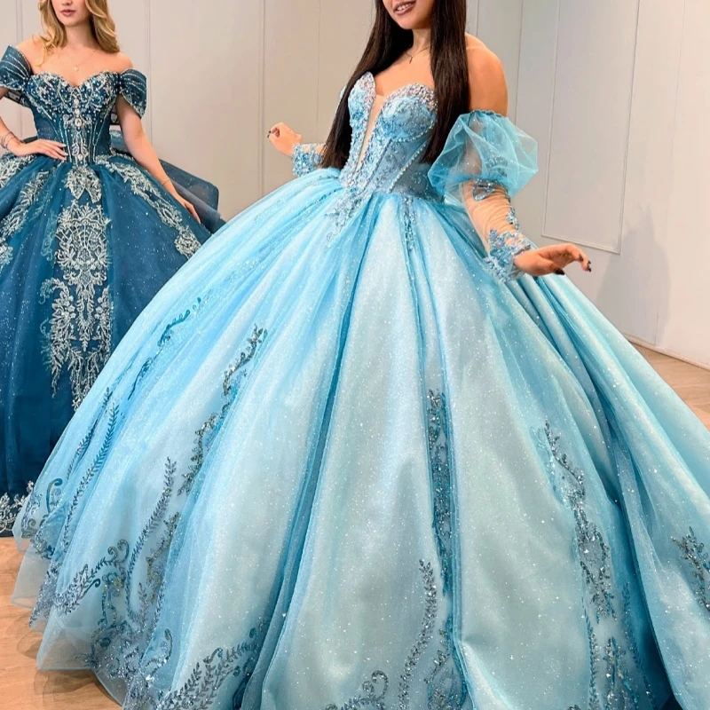

Sky Blue Shiny Quinceanera Dresses Off The Shoulder Sequin Appliques Lace Beads Tull Ball Gown Vestidos De 15 Anos Sweet 16