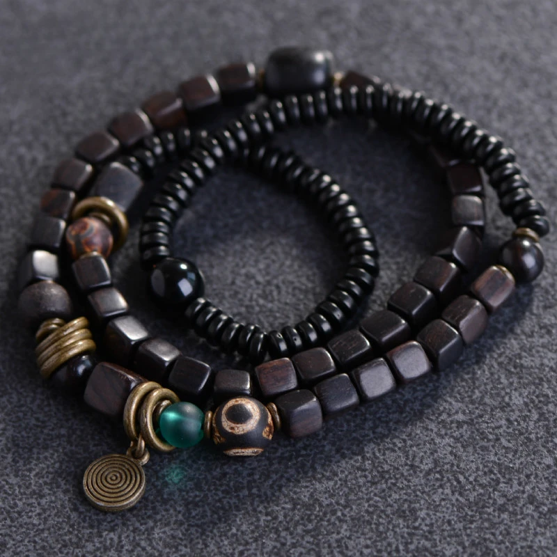 Barrel Beaded Multilayer 108 Bead Black Wood Mala Beads Natural Ebony Tibetan Buddhist Handmade Bracelet For Women Men Unisex