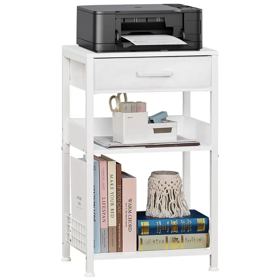 

White Printer Stand with Fabric Drawer, 3 Tier Industrial Side Table, Modern Small Printer Desk Holder with Storage Shelf,MultiF