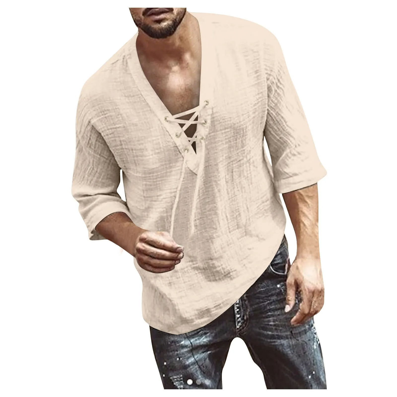 

Casual Loose Buttoned Stand Collar Shirts Men's Cotton Linen Clothes Spring Summer Leisure Solid Color Long Sleeve Tops For Men