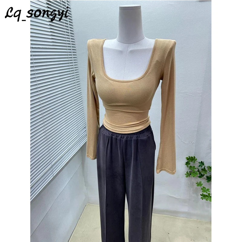 

Lq_songyi Basic Slim T Shirts Women 2024 New Spring U Neck Solid Tops Long Sleeve T Shirts See-through High Strech Sexy Top