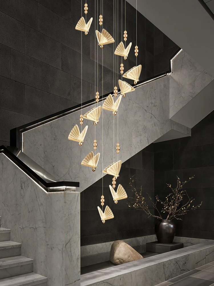 Hanging Chandelier Stair Modern Pendant Chandeliers Ceiling For Living Room Butterfly Patterned High Ceiling Stairs Hanging Lamp