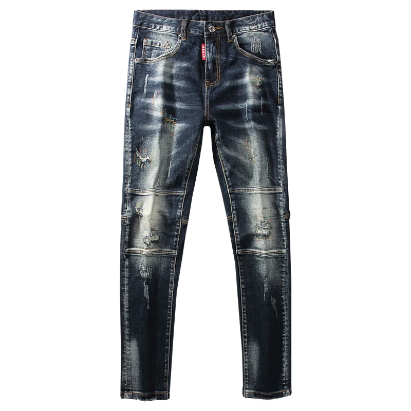 Pantalones vaqueros rasgados para hombre, Jeans Retro elásticos, ajustados, bordados de diseñador, empalmados de Hip Hop, color negro y azul