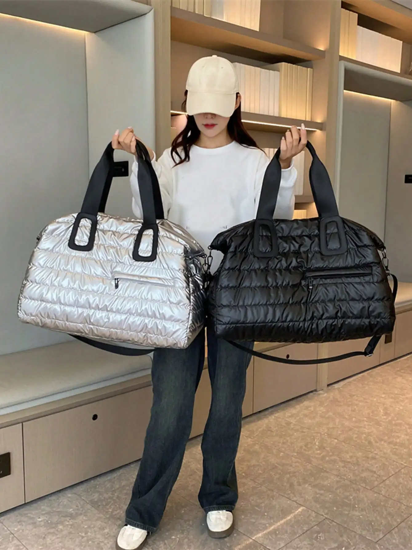 Puffer Quilted Sport Gym Fitness Bag, Fashion Large Capacity Travel Duffle Bag, Portable Padded Weekender Overnight Bag,Large Capacity Minimalist Padded Zipper Bag, Solid Color Versatile Duffle Bag, Portable Overnight Bag,Fashion Large Capacity Travel Tot