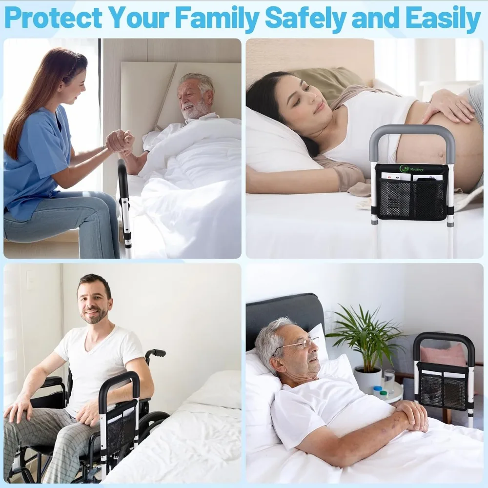 قضبان أمان للسرير قابلة للتعديل لكبار السن والكبار، مقاس كوين مع حزام، حاجز أريكة للأريكة