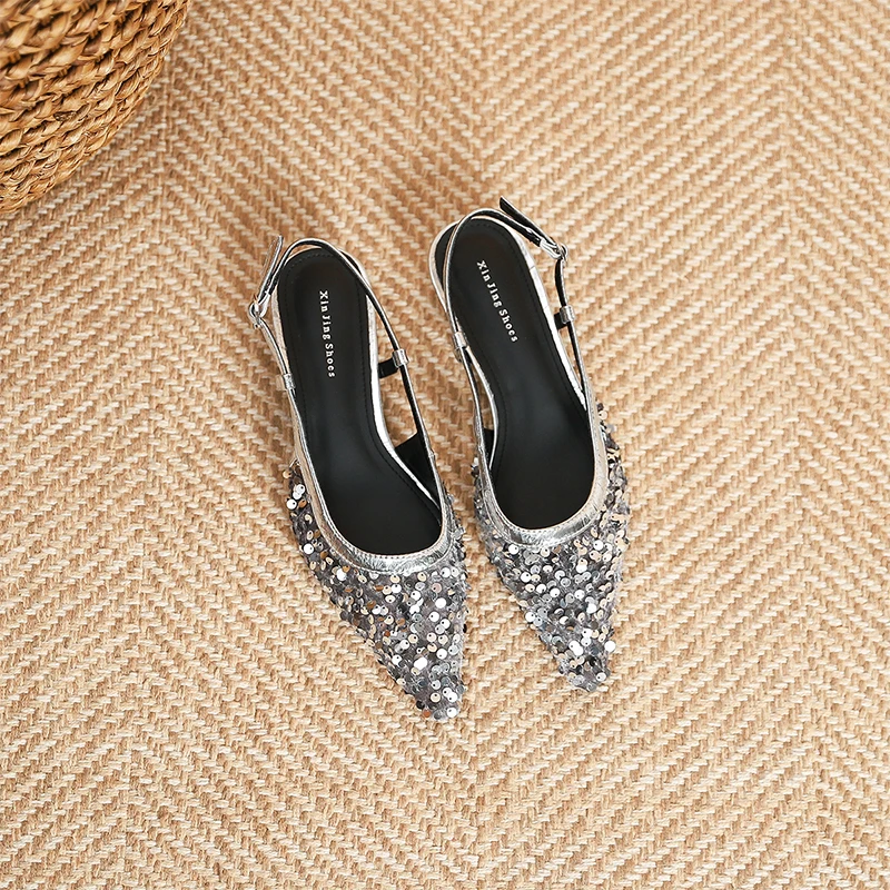 2024 new women's transportation shoes, silver sequins, banquet fashion party shoes, pointed low-heeled women's shoes