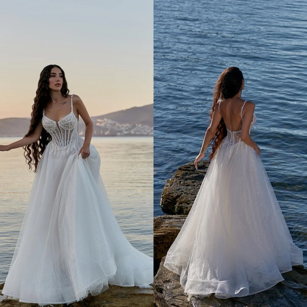 

Customized Elegant White Organza Wedding Dress Exquisite Strapless Spaghetti Straps Sleeveless Lace Backless Bridal Gowns