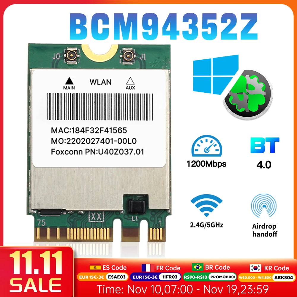 

FENVI 1200Mbps Dual band Wireless BCM94352Z WiFi Network Card NGFF M.2 BT4.0 2.4Ghz/5G Dual Band 802.11ac Wlan Adapter DW1560