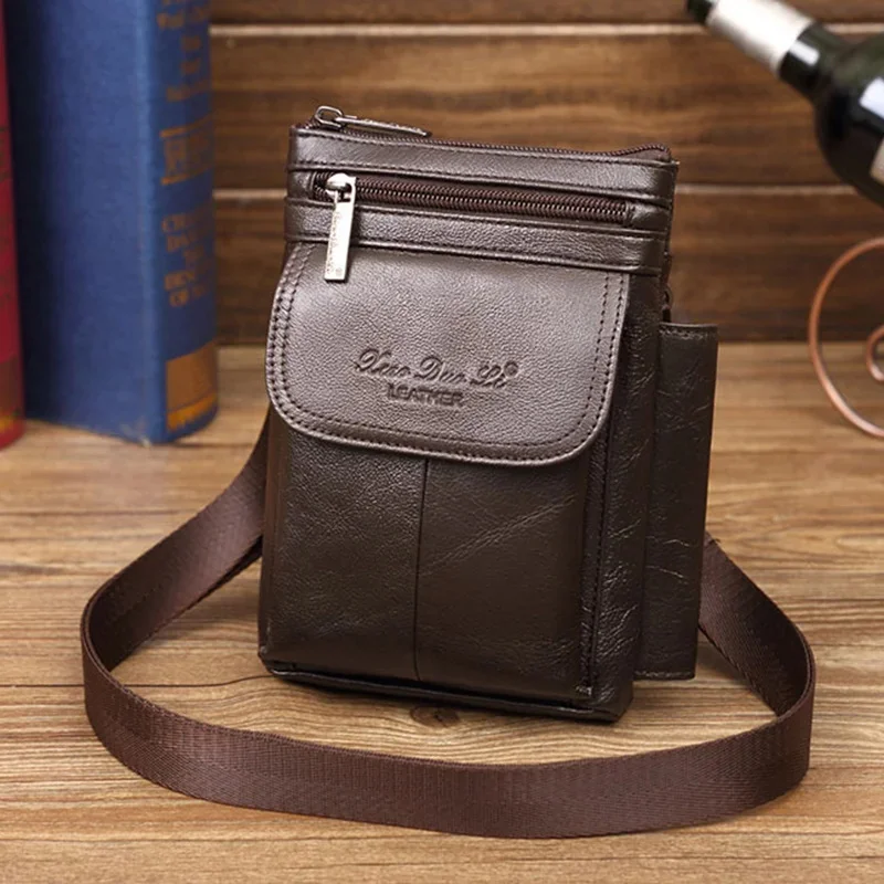 Men Small Messenger Business Bag Waist Pack Casual High Quality Male Loop Skin Belt Cross Body Shoulder Bags Genuine Leather