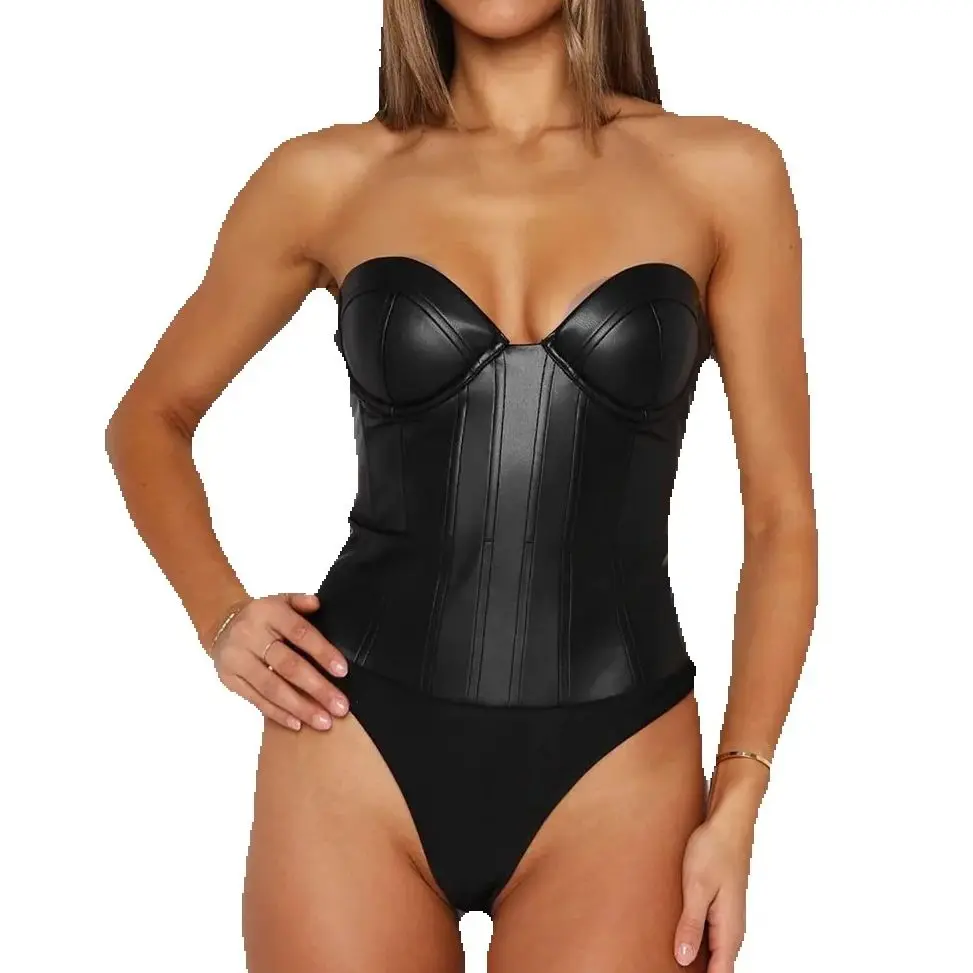 Summer PU Leather Strapless Bodysuits Women Sexy Sleeveless One Piece Slim Solid Jumpsuits Female Fashion High Street Shapewear