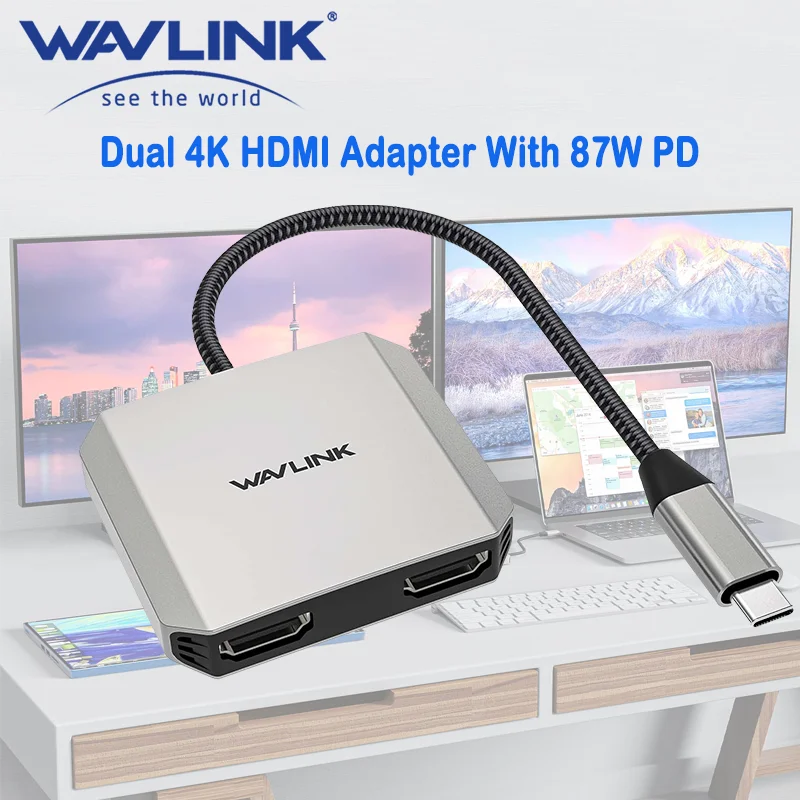 WAVLINK 3-In-1 USB C to Dual HDMI Adapter With 87W Power Delivery 4K@60Hz For MacBook Pro/Air Dell Thunderbolt 3/4 Laptops