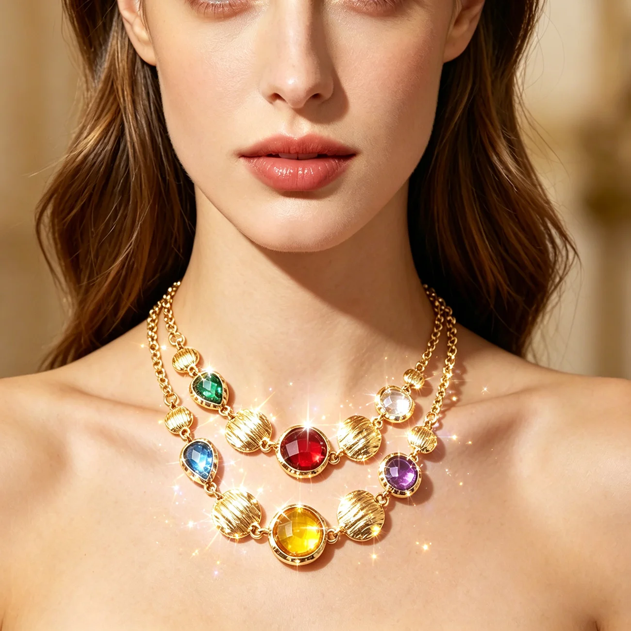 

2pcs Multicolor Crystal Golden Plated Necklace Set Luxury Statement Jewelry for Women Party Wedding