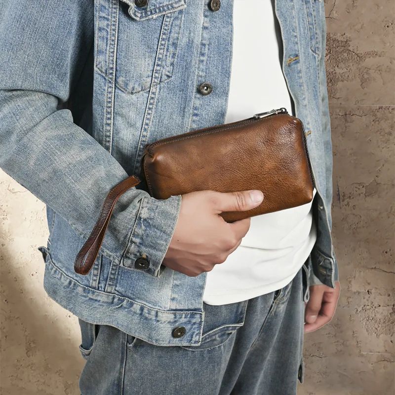 

Vintage Handmade Men's Genuine Leather Zipper Clutch Bag, Top-layer Cowhide Handheld Storage Pouch