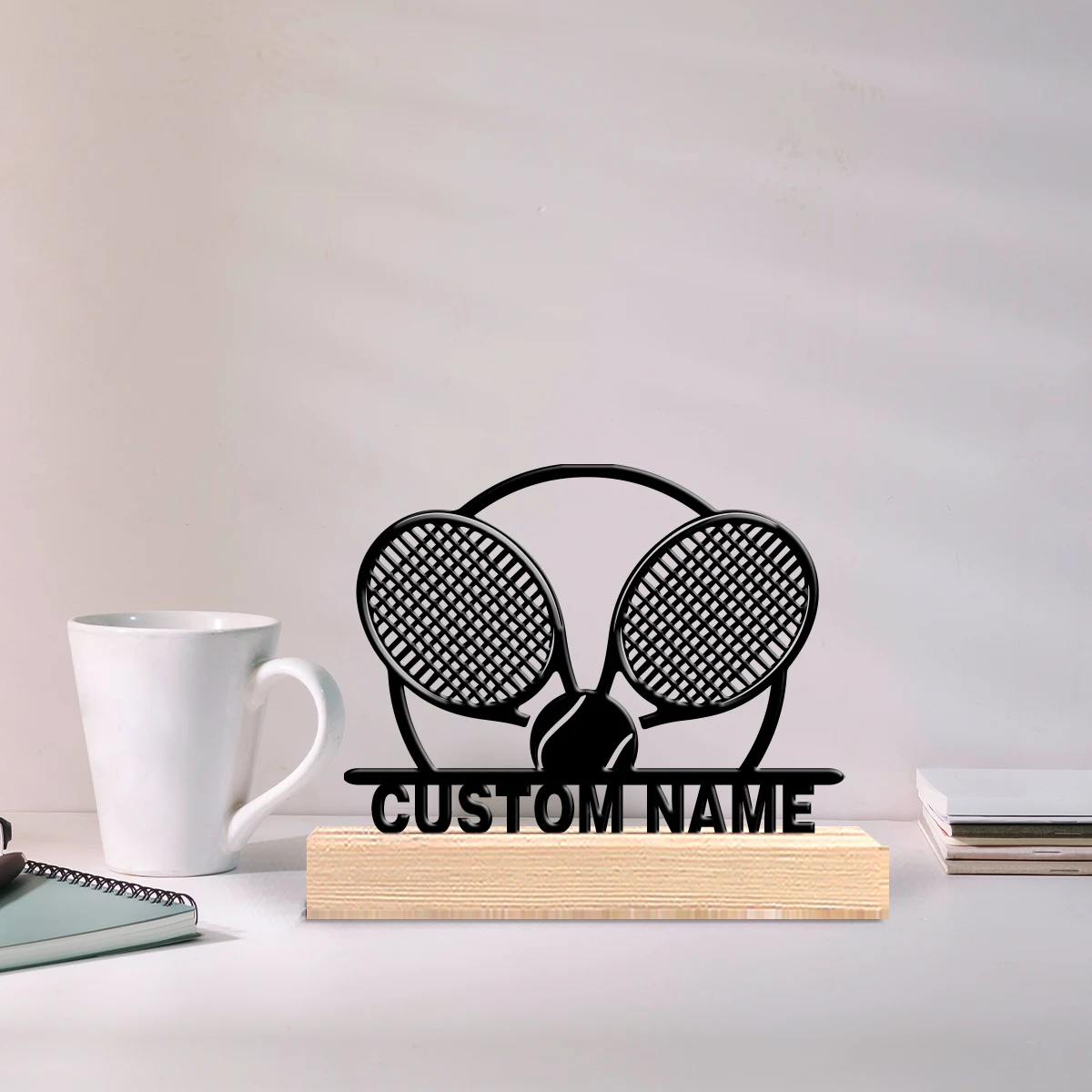 1pc Minimalist Tennis racket Personalized Text Iron Statue Metal Ornament Tin Sculpture With Wood Base Art Crafts With Wood