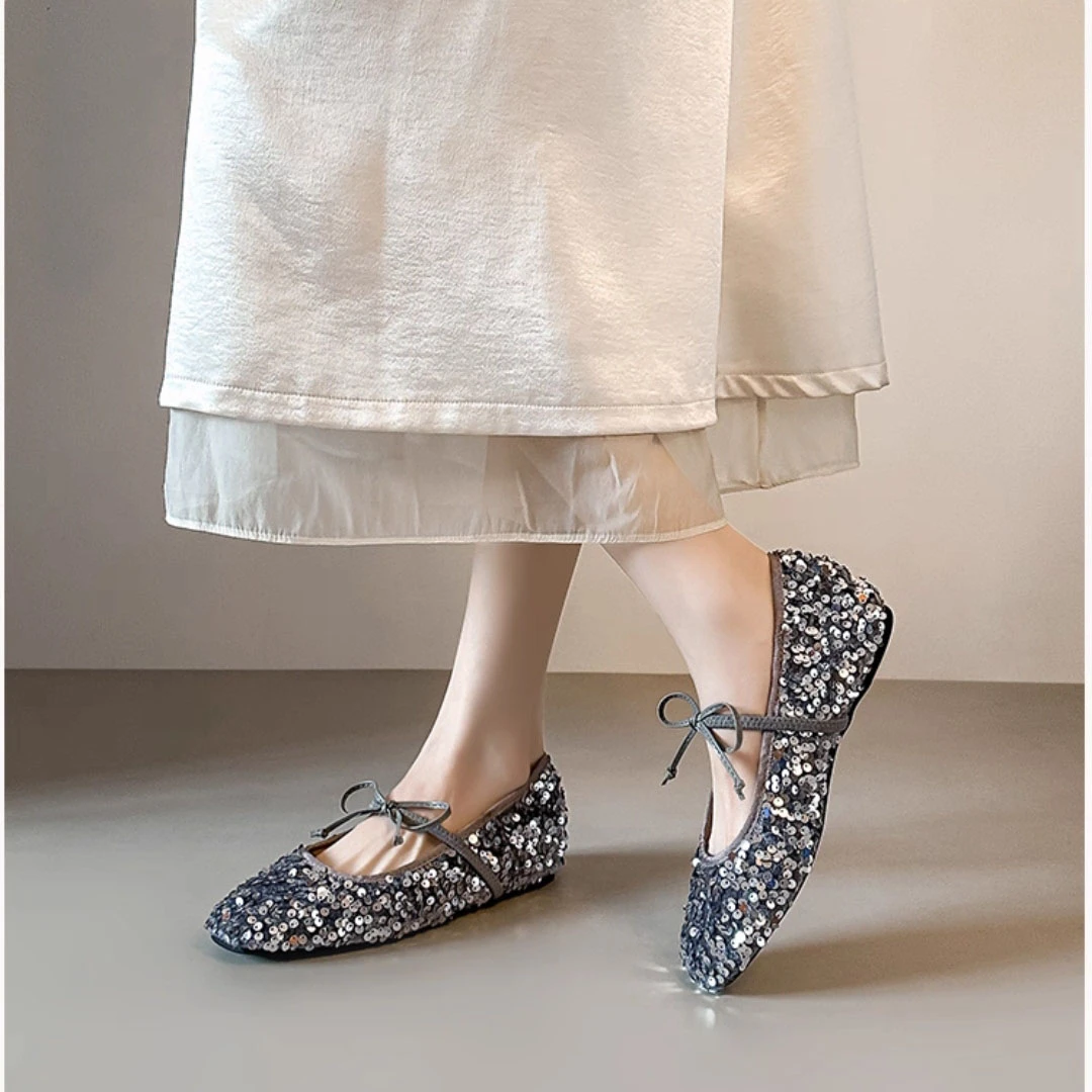 Ballet Shoes French Style Increased Height Sequin Bow Mary Jane Flats for Women Evening