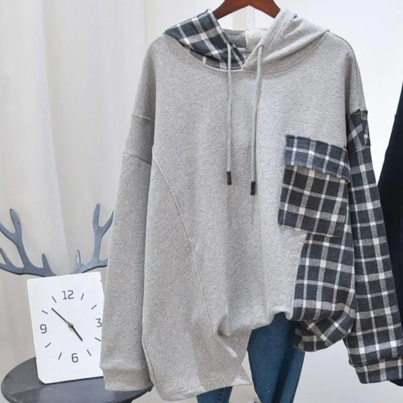 Women\'s Autumn Winter Fashion Elegant Hooded Plaid Contrast Panel Casual Versatile Long Sleeve Loose Mid Length Sweatshirts Tops