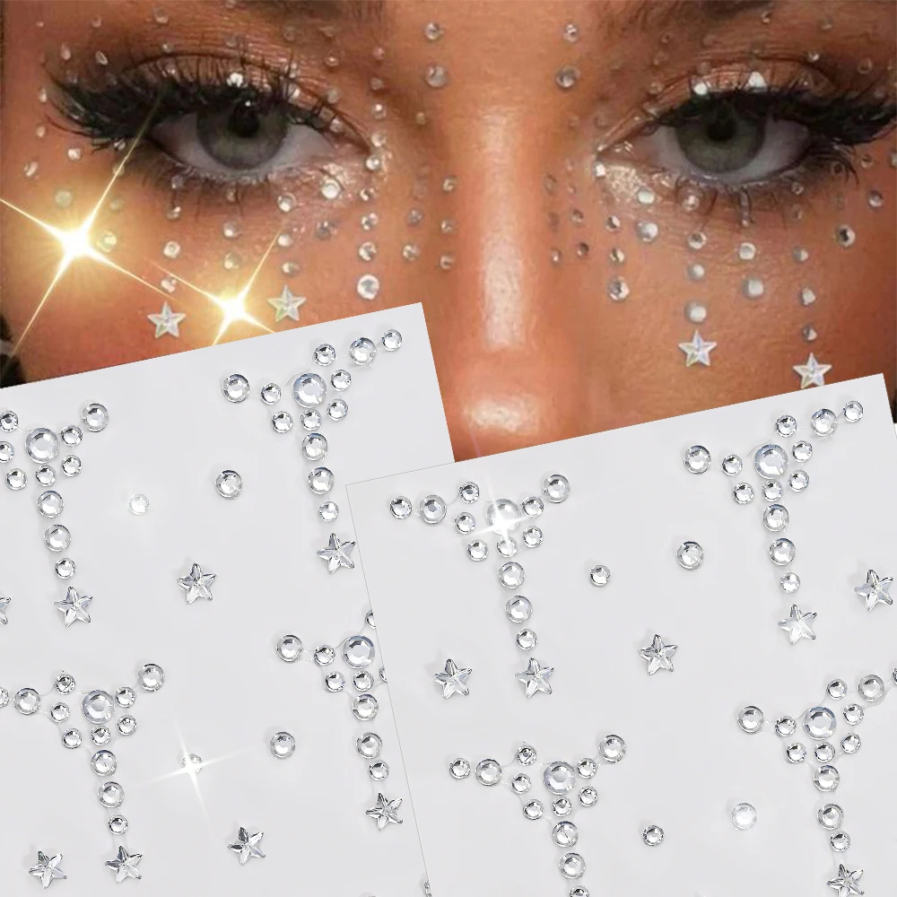 

1 Sheet Face Gems Jewels Tattoo Self Adhesive Stickers Rhinestones for Women Masquerade Party Music Festival Makeup Decoration